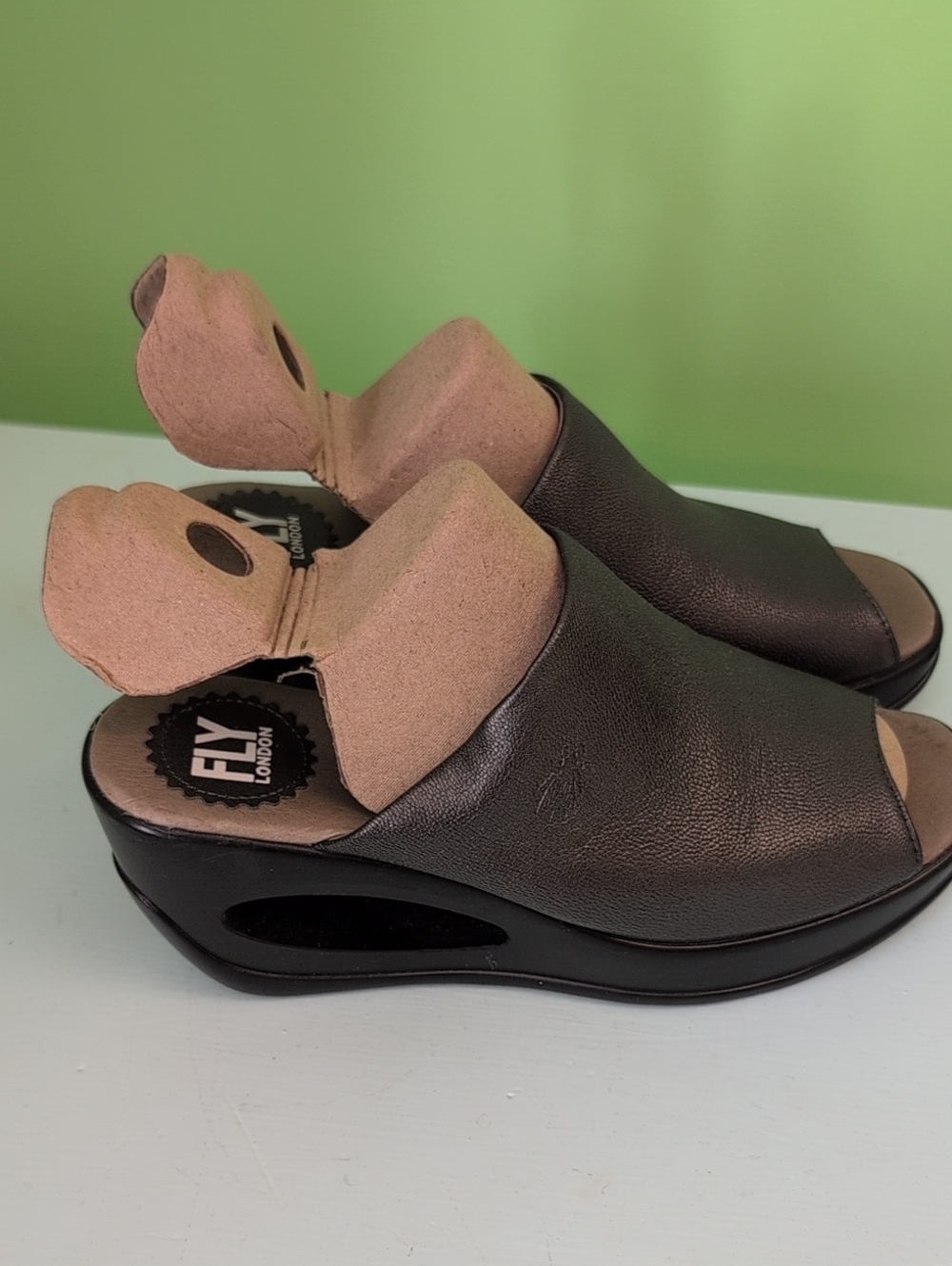Fly London Dark Gray Leather Open-Toe Wedge Mules
